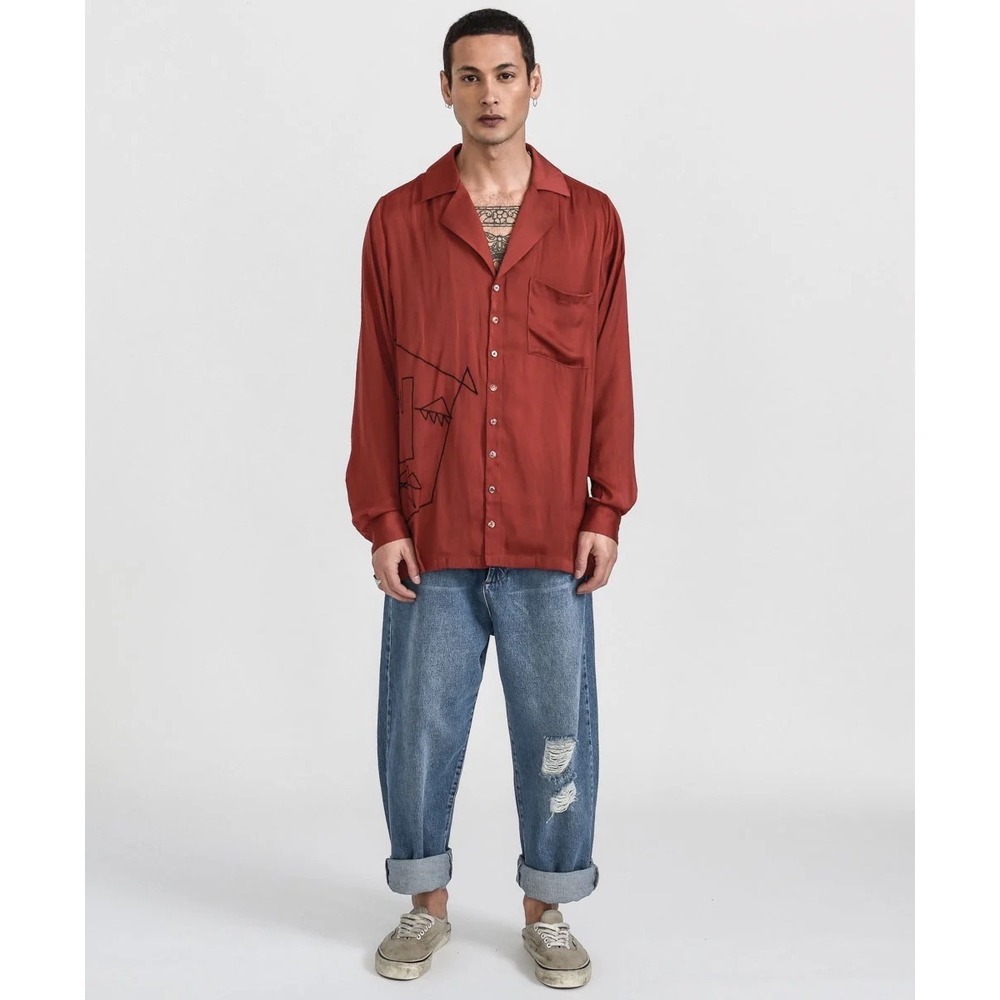 One Teaspoon NEW Red Abstract Dandy Shirt Button Up Long Sleeve Size Medium‎